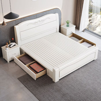 渺帆2023新款檬榆胡桃木实木床现代简约白色1.8米双人床主卧1.