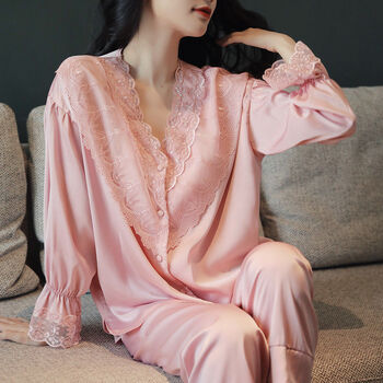 女士春季睡衣睡衣女秋夏甜美宫廷风公主蕾丝花边春长袖睡裙薄款居家