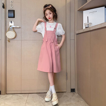 女童连衣裙套装2023新款韩版洋气儿童衣服女夏季休闲女大童背带裙