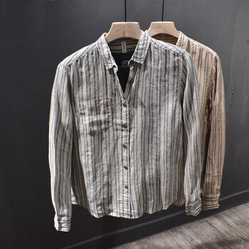 肯昔男士夏天棉麻亚麻长袖衬衫高端时尚美式休闲流行潮水洗上衣蓝色