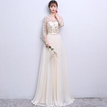 大合唱演出服长裙礼服秋冬表演服女蕾丝舞蹈服装 香槟色a款 xs