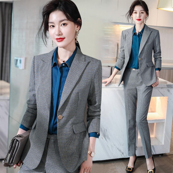 特洛曼2022春夏西装套装女格子灰色休闲英伦风商务修身韩版时尚气质