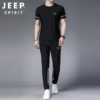 吉普（JEEP）T恤男士夏季休闲户外冰丝短袖速干运动套装 黑色 4XL 