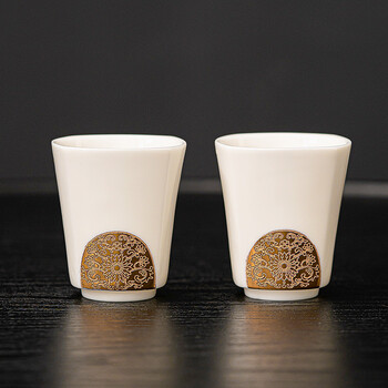苏氏陶瓷sushiceramics鎏金羊脂玉主人杯厚款陶瓷功夫茶杯2个礼盒装