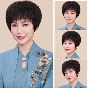 唐妮假发女短发全头套中老年人女士自然发型真人发丝妈妈全真发头发套