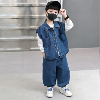 洛留云童装男套装2023春季新款儿童马甲t恤牛仔裤三件套一岁半男孩