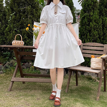 格逻恩减龄学院风泡泡袖连衣裙少女夏装初中高中学生中长款翻领衬衫