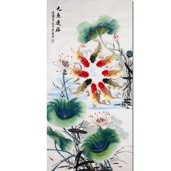 中国美术家协会会员陈忠南九鱼连福荷花九鱼图装饰画书法字画纯手绘