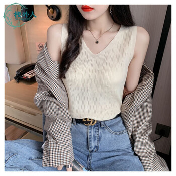 栈外人女式背心夏天针织冰丝白色吊带宽肩领针织背心女袖打底衫女士可外穿潮流上衣内搭百搭女式纯棉背心杏色 掉带背心女高中生女孩透气柔软透气清新学