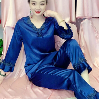 睡衣女士春秋夏季薄款冰丝长袖蕾丝性感大码可外穿家居服套装深蓝色长