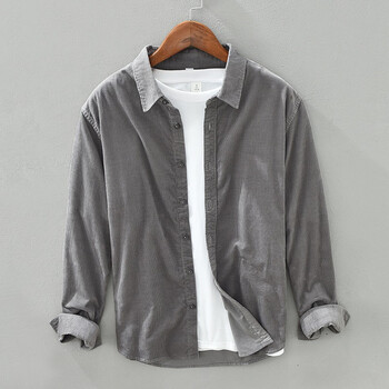积雨春秋季男装灯芯绒长袖衬衫青年纯色上衣宽松休闲衬衣外套潮灰色l