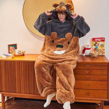 诺合连体睡衣男生冬季加绒加厚家居服时尚卡通青少年学生冬天保暖可外