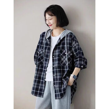 nsup春秋款格子衬衫女带帽宽松秋装休闲百搭显瘦韩版气质文艺连帽衬衣