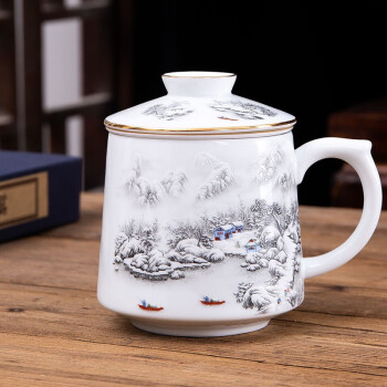 九楼阁 景德镇陶瓷分离式带盖过滤泡茶杯家用水杯450ml瓷茶杯 雪景 带礼盒