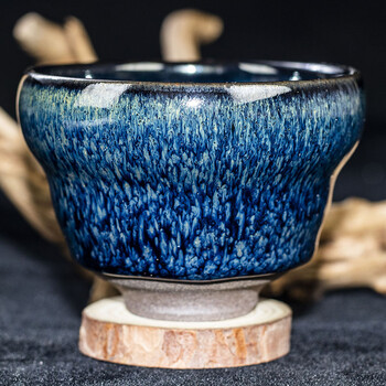 柴烧【蓝毫福禄盏】刘颖 建阳建盏主人杯 口径8.3cm高6cm   p-33