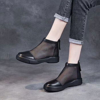 百丽踏凉鞋时尚网鞋短靴女2022夏季新款平底洞洞高帮网纱凉靴黑色35