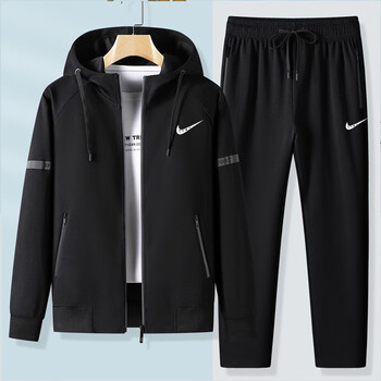 耐克纯棉休闲运动服套装男士秋冬青年开衫连帽卫衣跑步服两件 黑色