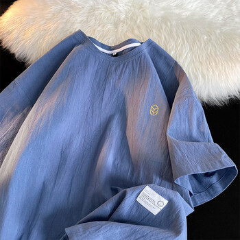 刺绣短袖t恤男女同款夏季冰丝重磅宽松透气棉亚麻潮牌流衣服 水蓝色