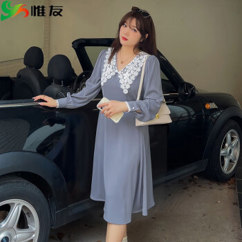 惟友 大码女装连衣裙胖妹妹春装胖人女装刺绣大翻领气质裙子 灰蓝 P2建议150-170斤