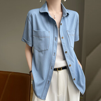 芈昌夏季新款polo领短袖衬衫女醋酸牛仔t恤上衣宽松休闲双兜系扣衬衣