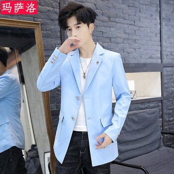 中长款西服风衣男外套青年纯色小西装韩版发型师休闲西服蓝色180xxl