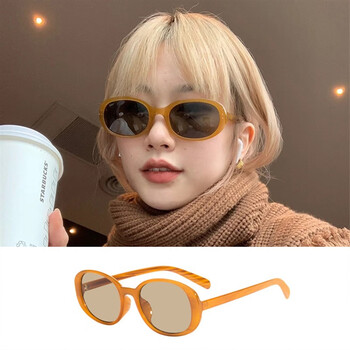 秋冬装饰复古椭圆形墨镜女款潮个性小众黄框拍照时髦太阳眼镜透黄框