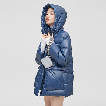 艾莱依eral短款服女装新款保暖鸭绒官方时尚冬季防风连帽外套玻璃蓝