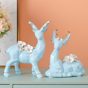 陶瓷天鹅摆件酒柜新房装饰品电视柜玄关摆设水蓝色描金双鹿摆件大号