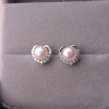 语森恋珍珠耳环淡水珍珠耳饰s925银真珍珠爱心耳钉女白色珍珠银色