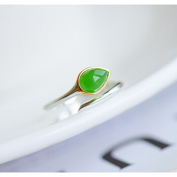 铭闽【网红同款】和田玉碧玉灵花戒指s925镀金镶和田碧玉水滴精美指环