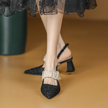 arshfe米白色包头凉鞋女夏法式欧根纱珍珠不掉跟后空高跟鞋粗跟尖头单