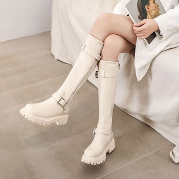 蜗鲸白色骑士靴子女显瘦高筒靴2023年新款百搭小个子长靴女长筒马丁靴