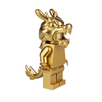 狮头春节喜庆醒狮公仔拼装礼物玩具 金色舞龙人仔【图片 价格 品牌