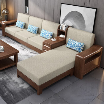 新中式胡桃木全实木沙发客厅家用转角贵妃布艺沙发床简约现代小户型