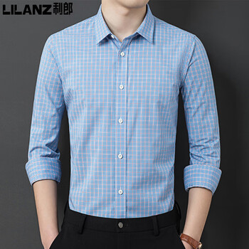 利郎男装纯棉长袖格子衬衫秋季新款免烫中年男士商务休闲翻领衬衣官方