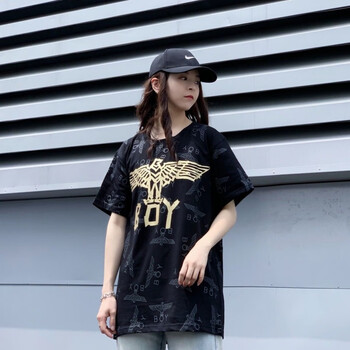 centuryboy潮牌boy纯棉短袖女满印烫金老鹰圆领宽松t恤女百搭情侣半袖