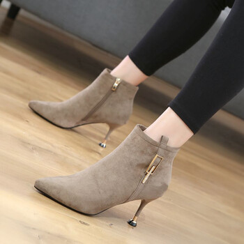 【京东精选】尖头短靴女秋冬2018新款百搭瘦瘦靴小跟鞋细跟裸靴高跟