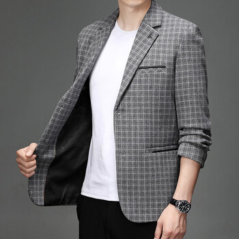 七匹狼春秋新款中年男单西服高档休闲型男潮牌韩版单西装格子外套灰色
