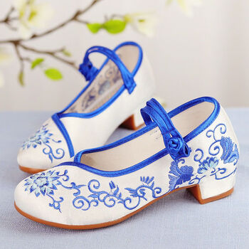 老北京布鞋女绣花鞋民族风古风汉服古装鞋中跟增高旗袍鞋春秋单 蓝色