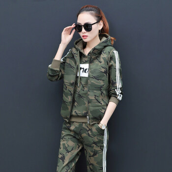 迷彩服加绒套装女款帅气时尚迷彩服休闲运动套装女冬加绒加厚2018冬装