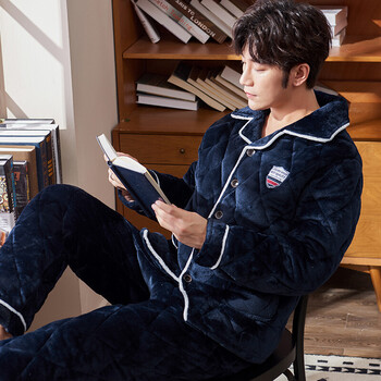 【京东精选】罗丽丝男士睡衣冬季加厚加绒珊瑚绒夹棉保暖三层法兰绒