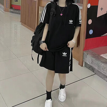 运动套装三叶草套装情侣套装款健身训练休闲套装刺绣标ad9832黑短两件