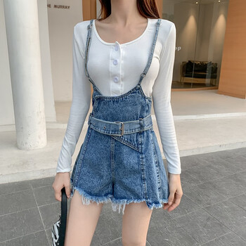 曲熠牛仔背带短裤女春夏韩版chic宽松200斤显瘦a字吊带热裤潮浅蓝色g