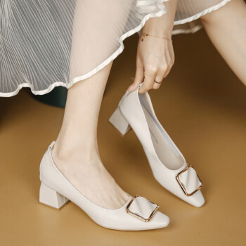 高跟鞋女法式气质方扣小方头浅口中跟单鞋黑色软皮女鞋裸色5厘米40