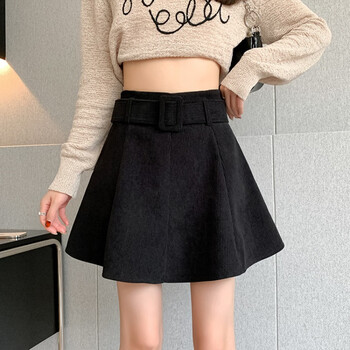 思美境2023秋冬高腰伞裙灯芯绒a字短裙女防走光裙遮跨蓬蓬半身裙s黑色