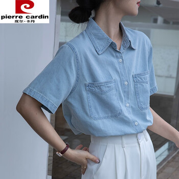 牛仔衬衫女polo半袖夏季设计感小众衬衣港风复古蓝色短袖上衣外套 浅