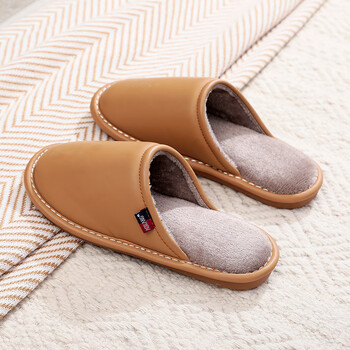rzk冬季新款防水棉拖鞋男室内居家防滑保暖耐脏pu皮毛绒拖鞋女 卡其色