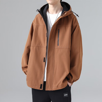 军绿色工装冲锋衣外套男士春秋季美式潮牌连帽防风休闲夹克上衣服焦糖