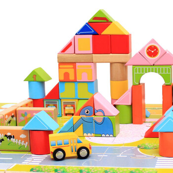 铭塔mingta玩具160粒桶装木制积木豪华城市场景婴儿带拼图宝宝早教160