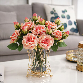 插花轻奢摆件客厅餐桌茶几高档花艺装饰品10支粉色威尼玫瑰几何储水